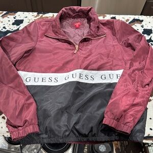 Guess Maroon and Black Color Block Bomber Jacket